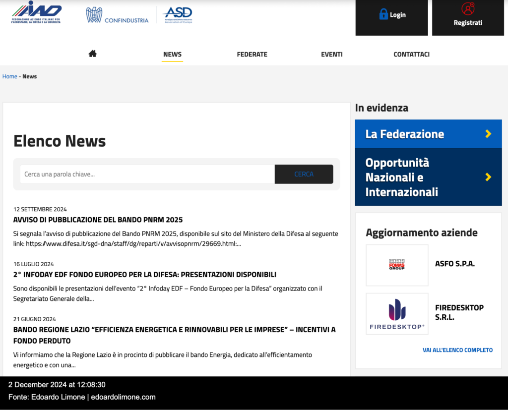 Screenshot della sezione "News" del portale AIAD