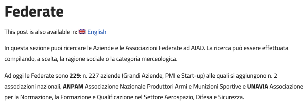 Screenshot del portale AIAD dedicato alle aziende federate